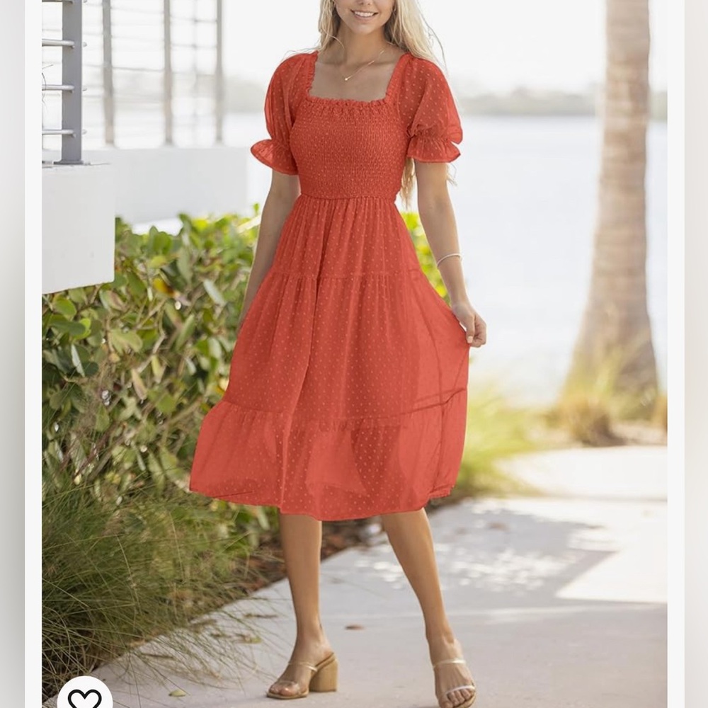 NWT Merokeety orange square-neck Swiss dot dress